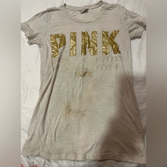 PINK Victoria's Secret White And Gold Tee Shirt - Picture 1 of 8